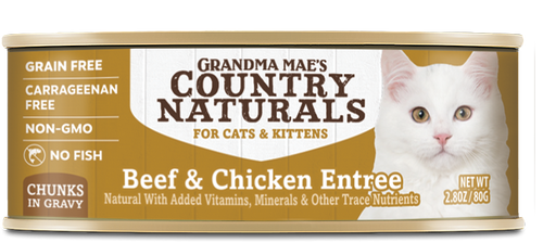 Grandma Mae’s Country Naturals Grain Free Chunks in Gravy Wet Cat & Kitten Food Beef Chicken 2.8oz 24pk