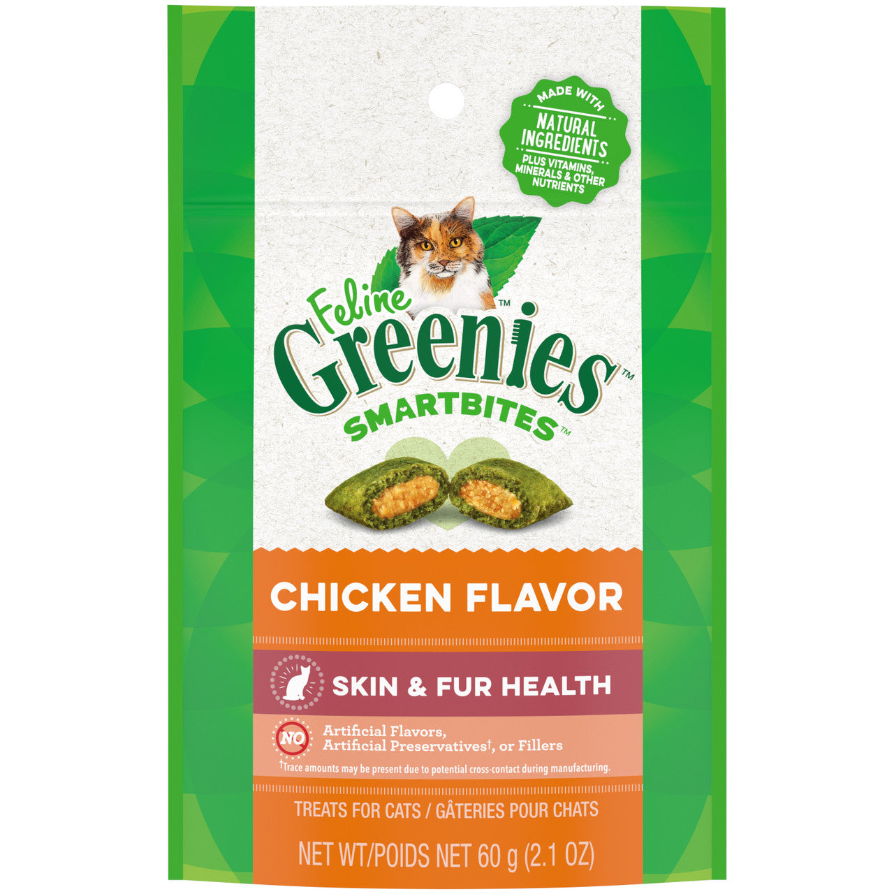 Greenies Feline SmartBites Skin & Fur Crunchy & Soft Adult Cat Treats Chicken 2.1oz