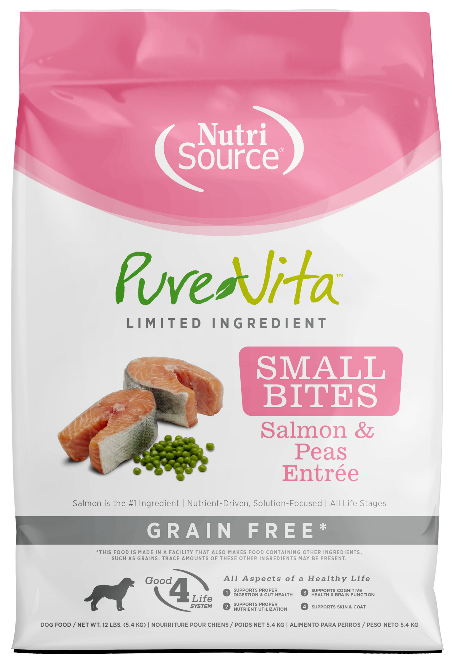 NutriSource PureVita LID Grain Free Small Bites Dry Dog Food Salmon & Peas 12 lb 073893177104