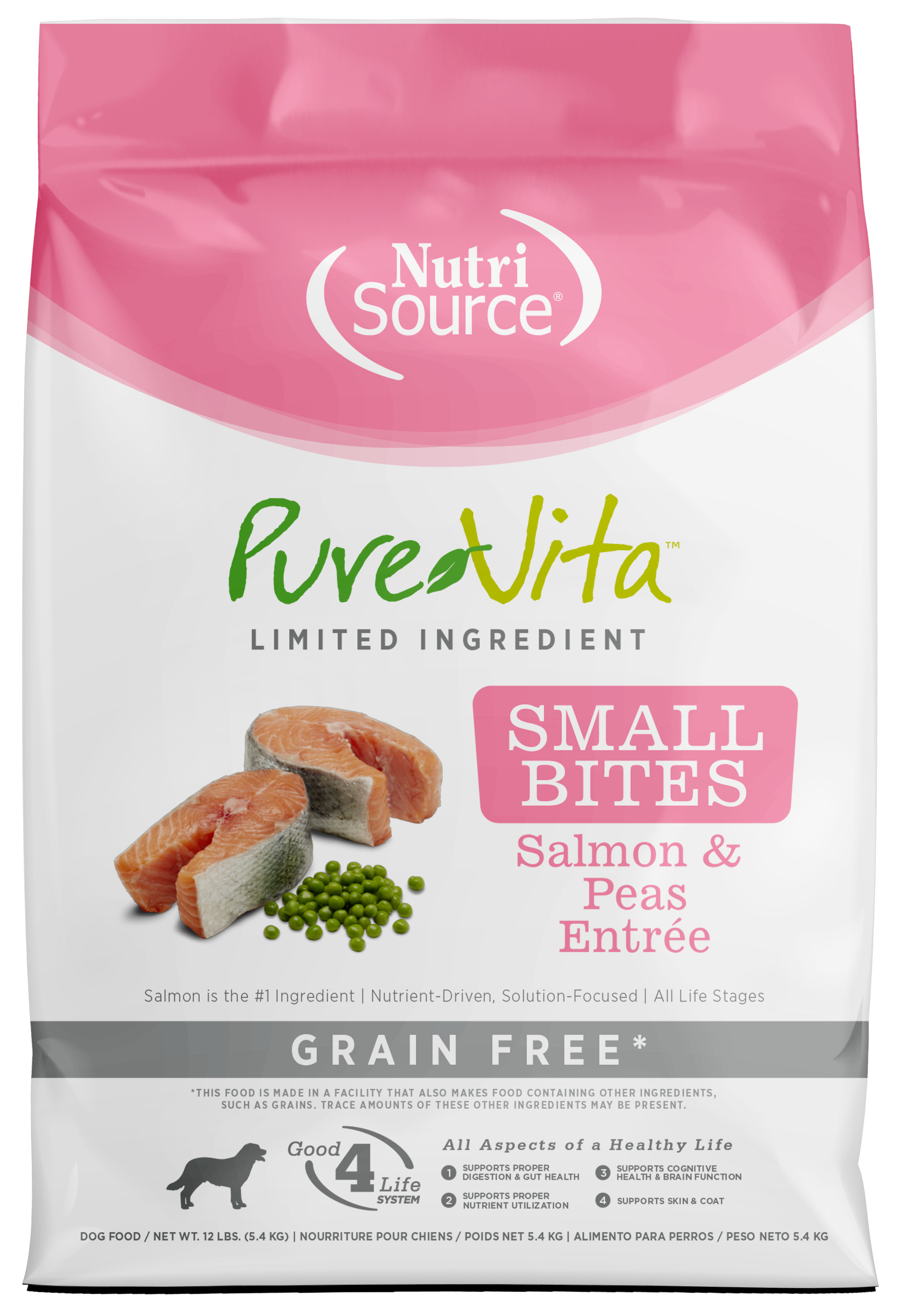 NutriSource PureVita LID Grain Free Small Bites Dry Dog Food Salmon & Peas 12 lb 073893177104