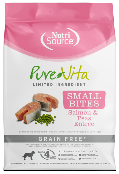 NutriSource PureVita LID Grain Free Small Bites Dry Dog Food Salmon & Peas 12 lb 073893177104