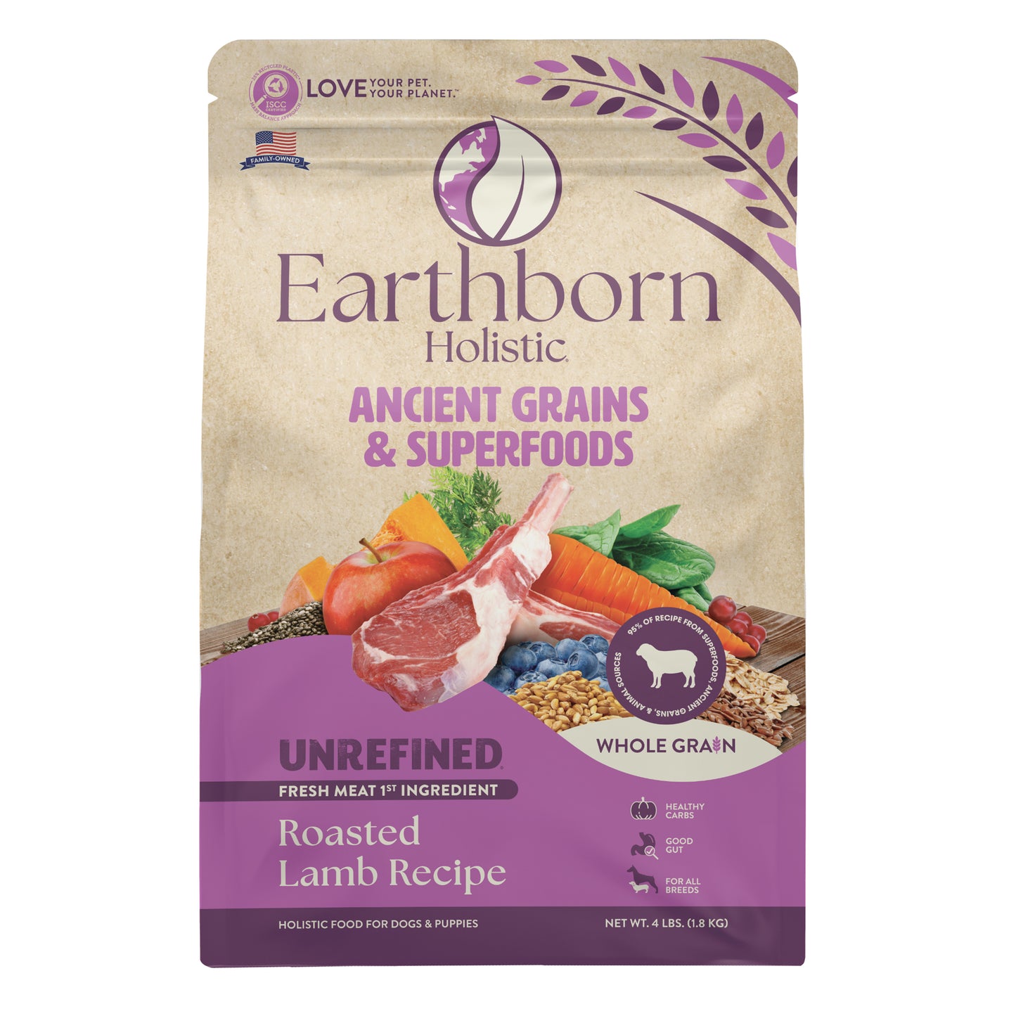 Earthborn Holistic Unrefined Ancient Grains & Superfoods Dry Dog Food Roasted Lamb 4 lb 034846541014