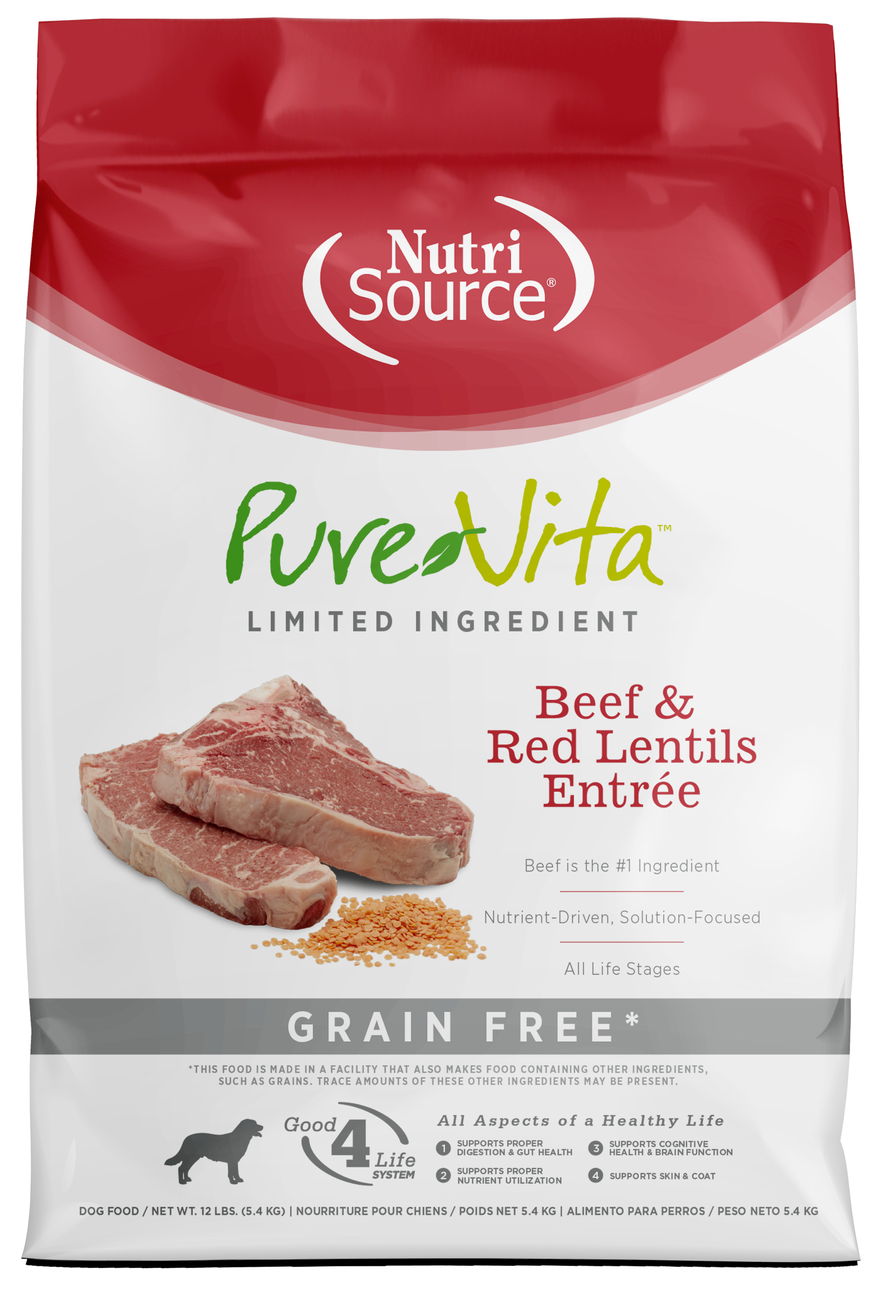 NutriSource PureVita LID Grain Free Dry Dog Food Beef & Red Lentils Entrée 12 lb 073893181125