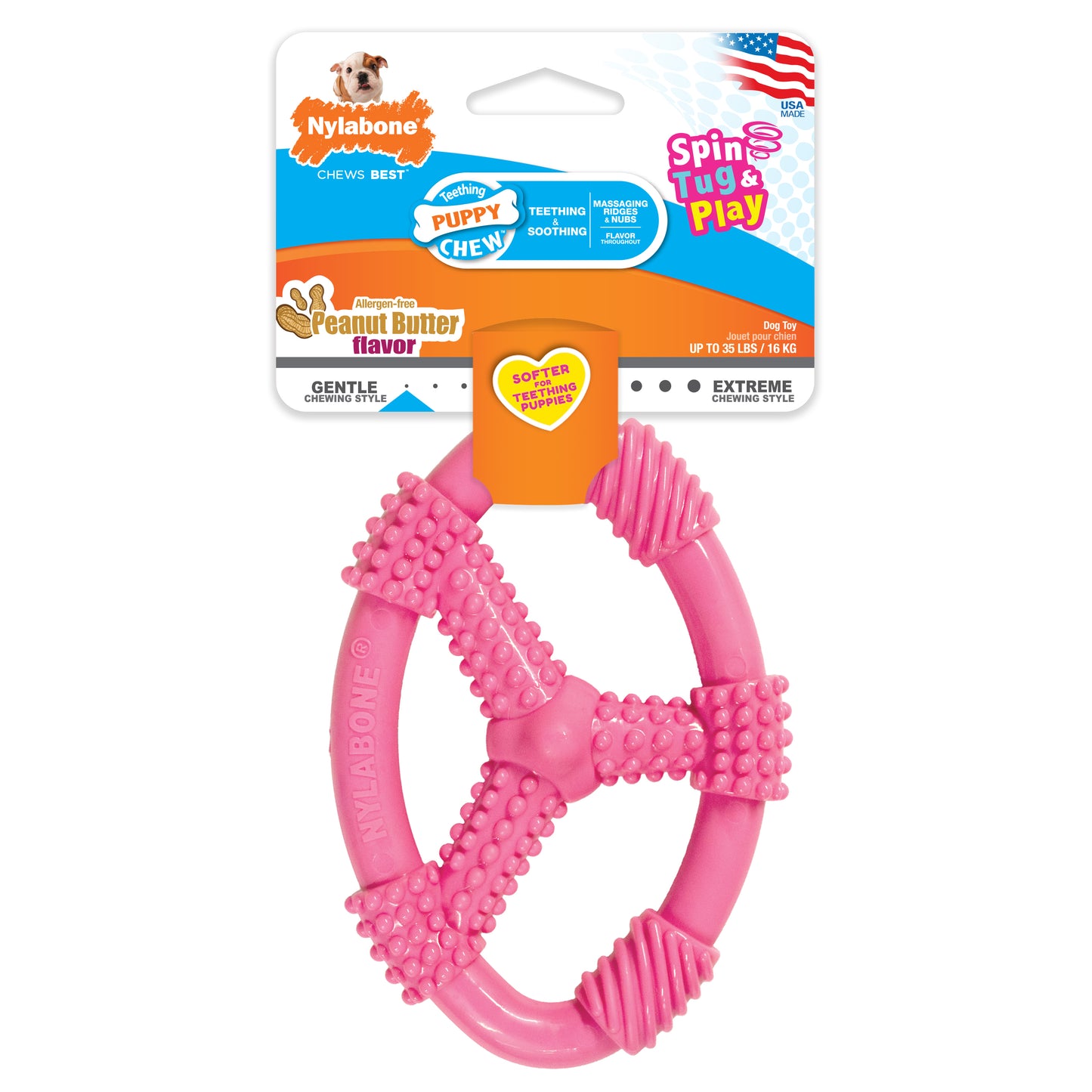 Nylabone Puppy Chew Spin Tug & Play Dog Play Toy Peanut Butter Pink Medium (1 ct) 018214846697