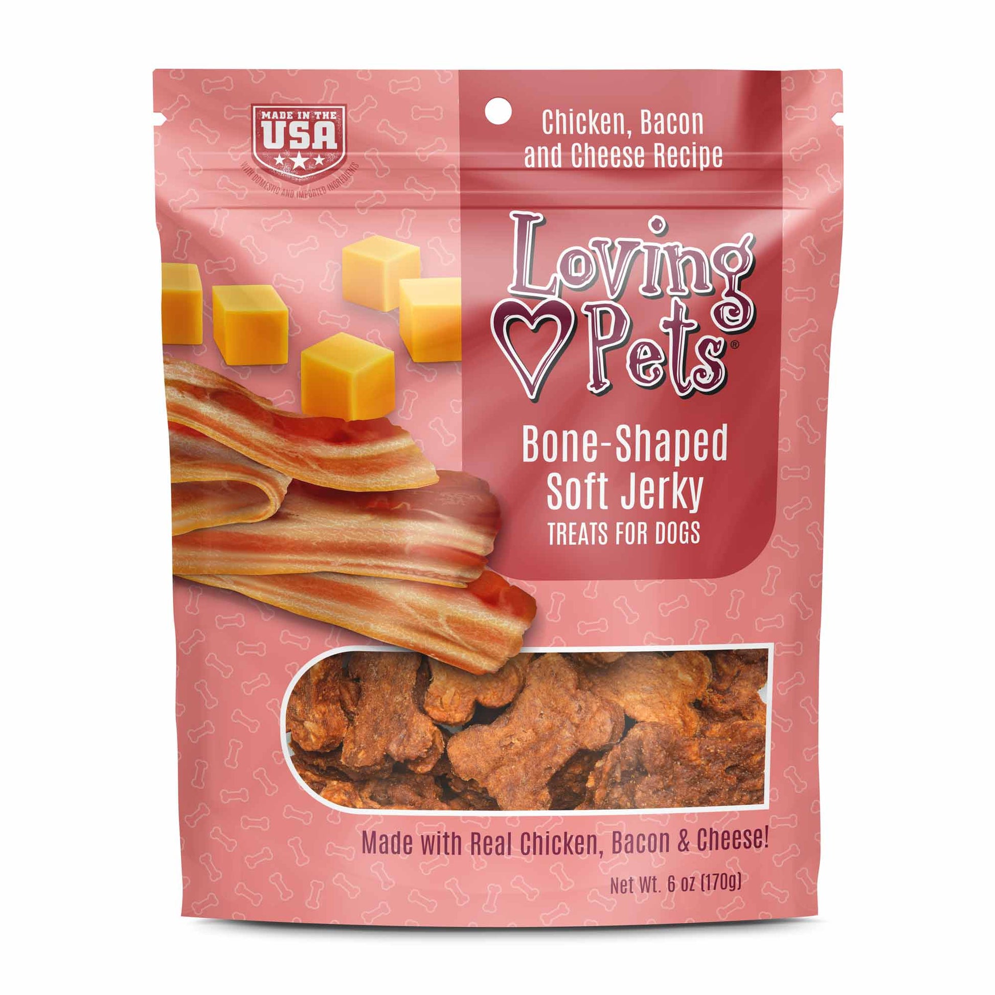 Loving Pets Bone-Shaped Soft Jerky Dog Treat Chicken, Bacon & Cheese 6 oz 842982083035
