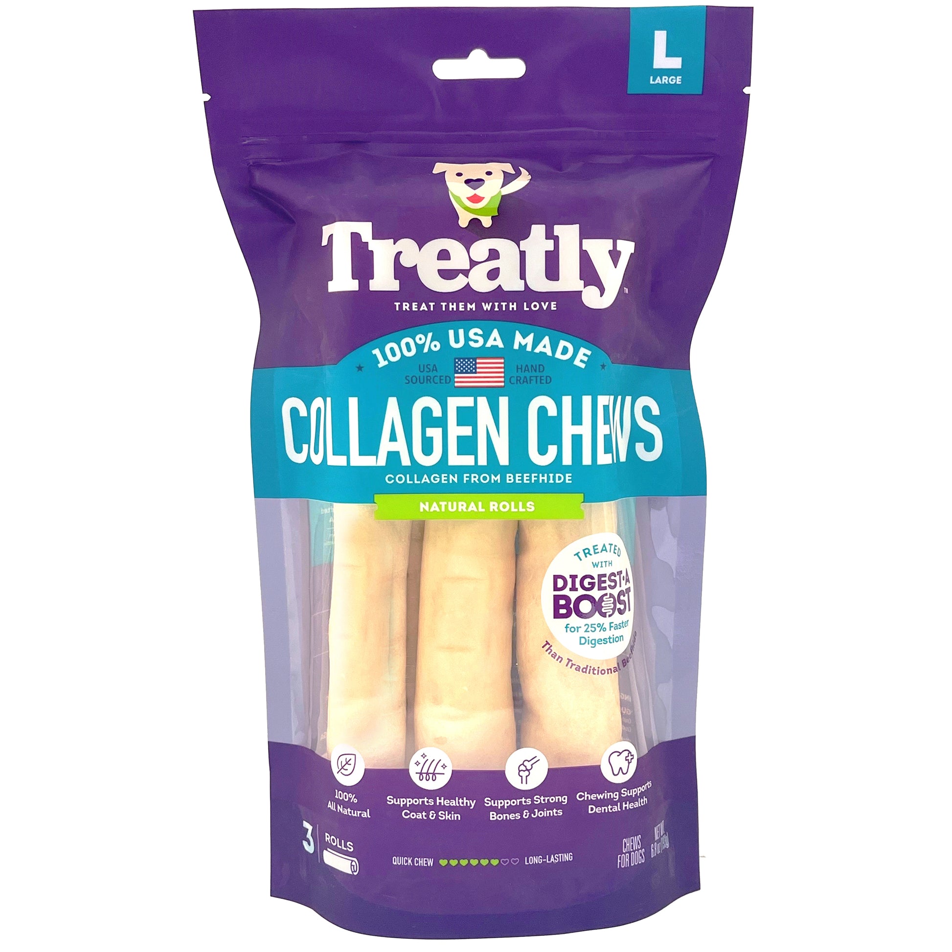 Treatly Collagen Chew Rolls Dog Treats Natural Large, 3 pk 094983001260