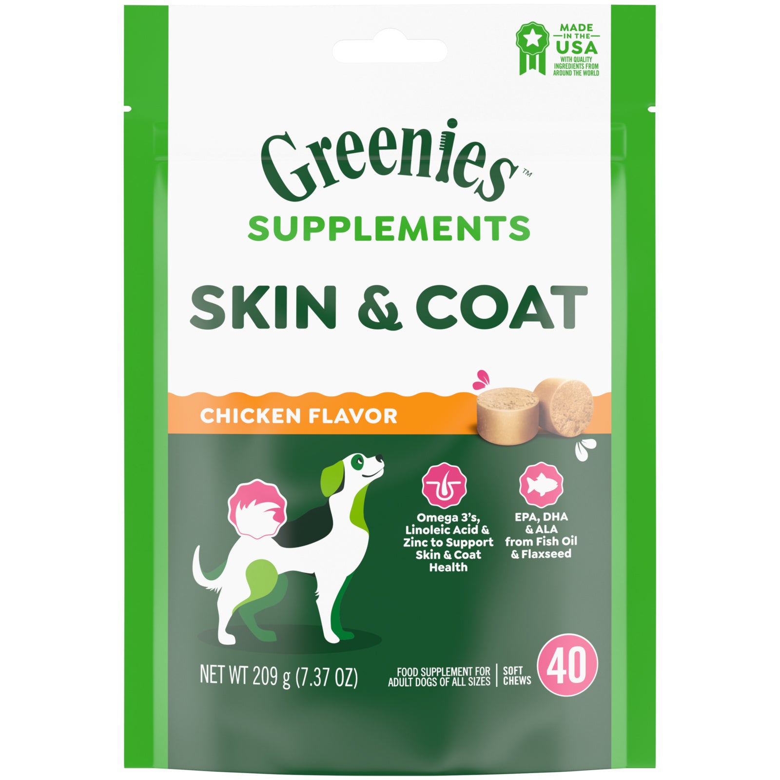 Greenies Skin & Coat Soft Chew Dog Supplements Chicken 40 ct 642863118456