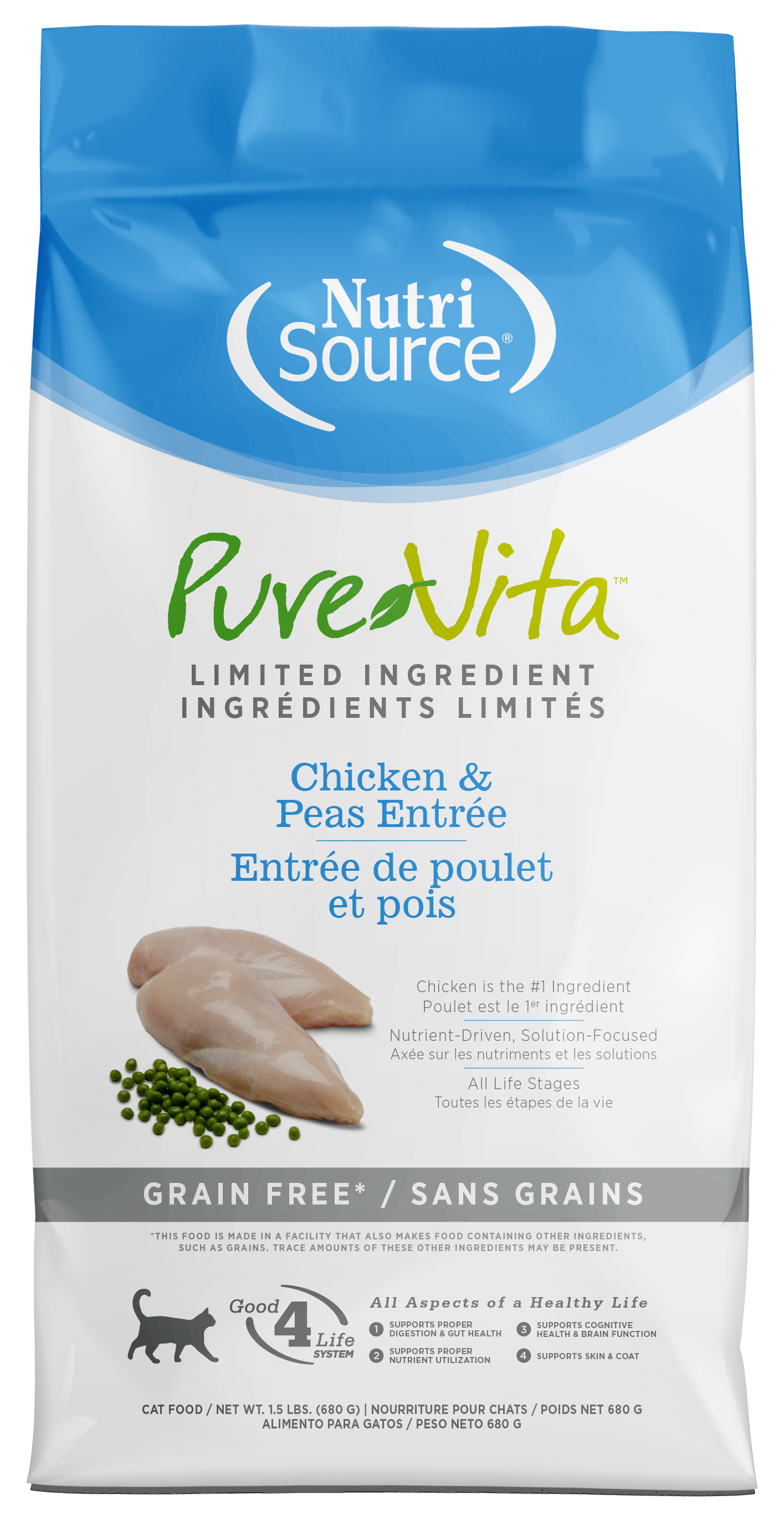 NutriSource PureVita LID Grain Free Dry Cat Food Chicken & Peas 1.5 lb 073893173076