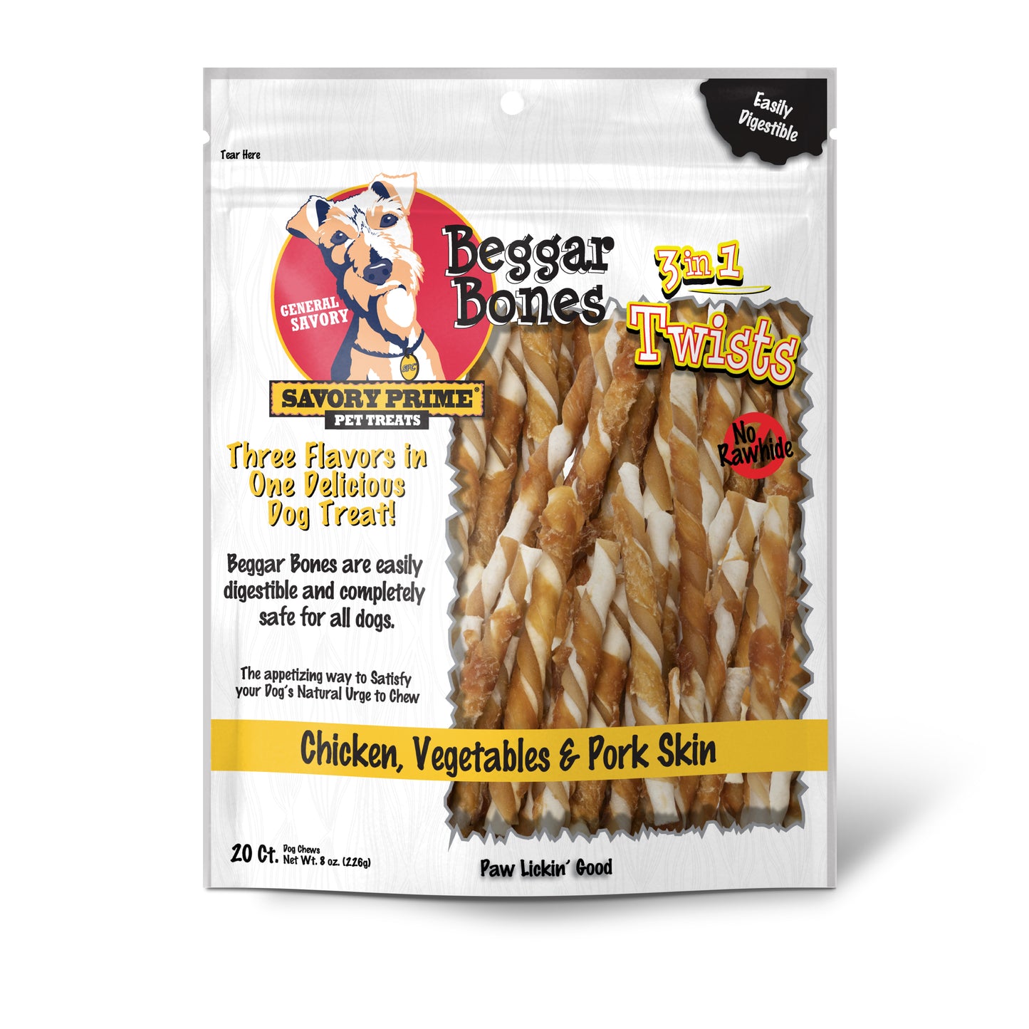 Savory Prime Beggar Bone 3in1 Twists Dog Treat Chicken, Vegetable & Pork 20 ct 810359004433