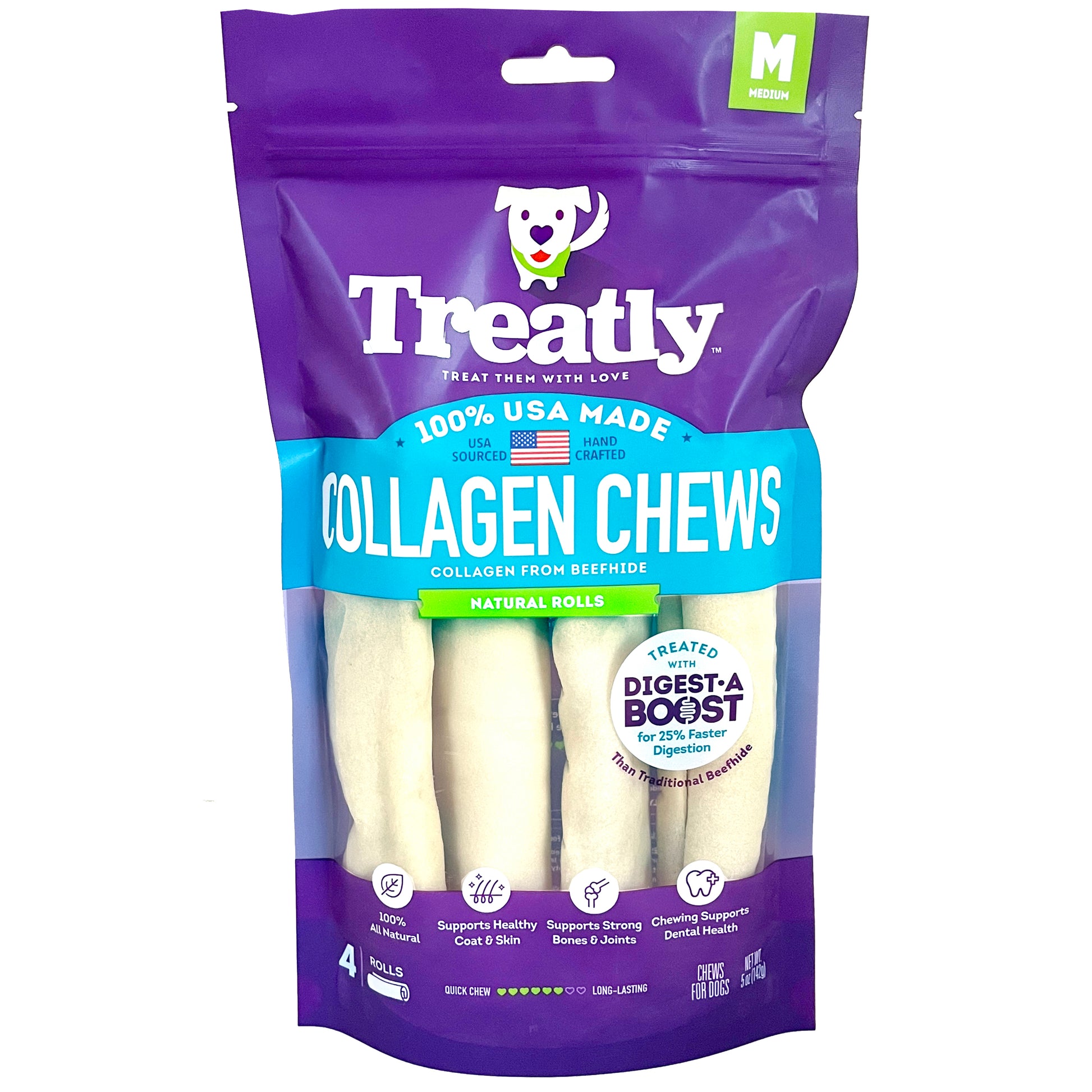 Treatly Collagen Chew Rolls Dog Treats Natural Medium, 4 pk 094983001208