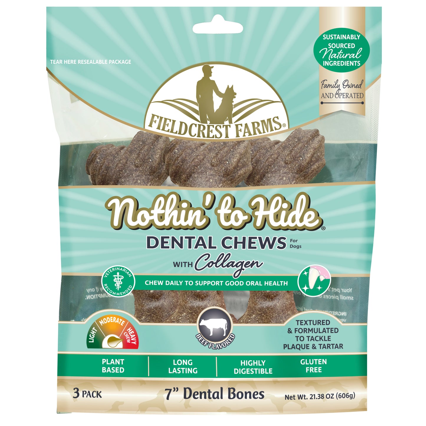 Fieldcrest Farms Nothin' to Hide Dental Bone Collagen Dog Chew Beef 7 in, 3 pk 810002633928