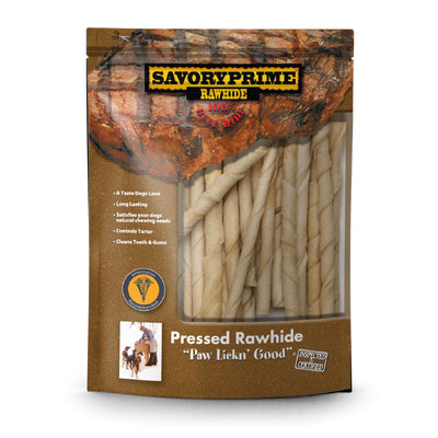 Savory Prime Pressed Rawhide Twist Sticks White 5 in, 20 pk 810359900155