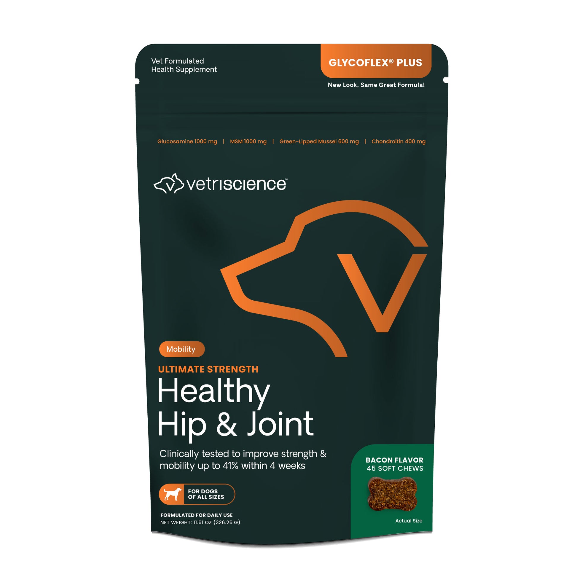 VetriScience GlycoFlex Plus Hip & Joint Dog Supplement Bacon 45 ct 026664016669
