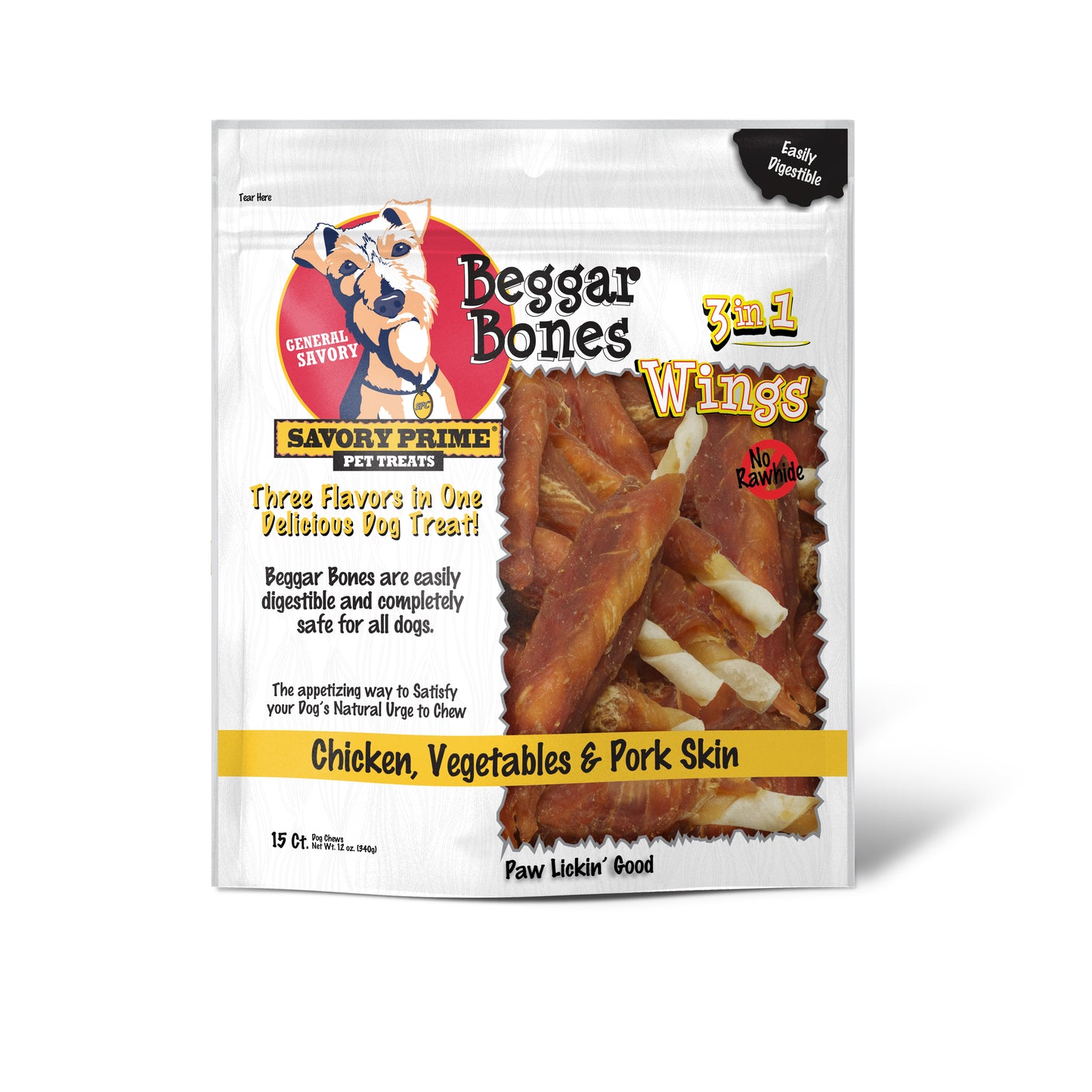 Savory Prime Beggar Bone 3in1 Wings Dog Treat Chicken, Vegetable & Pork 15 ct 810359004488
