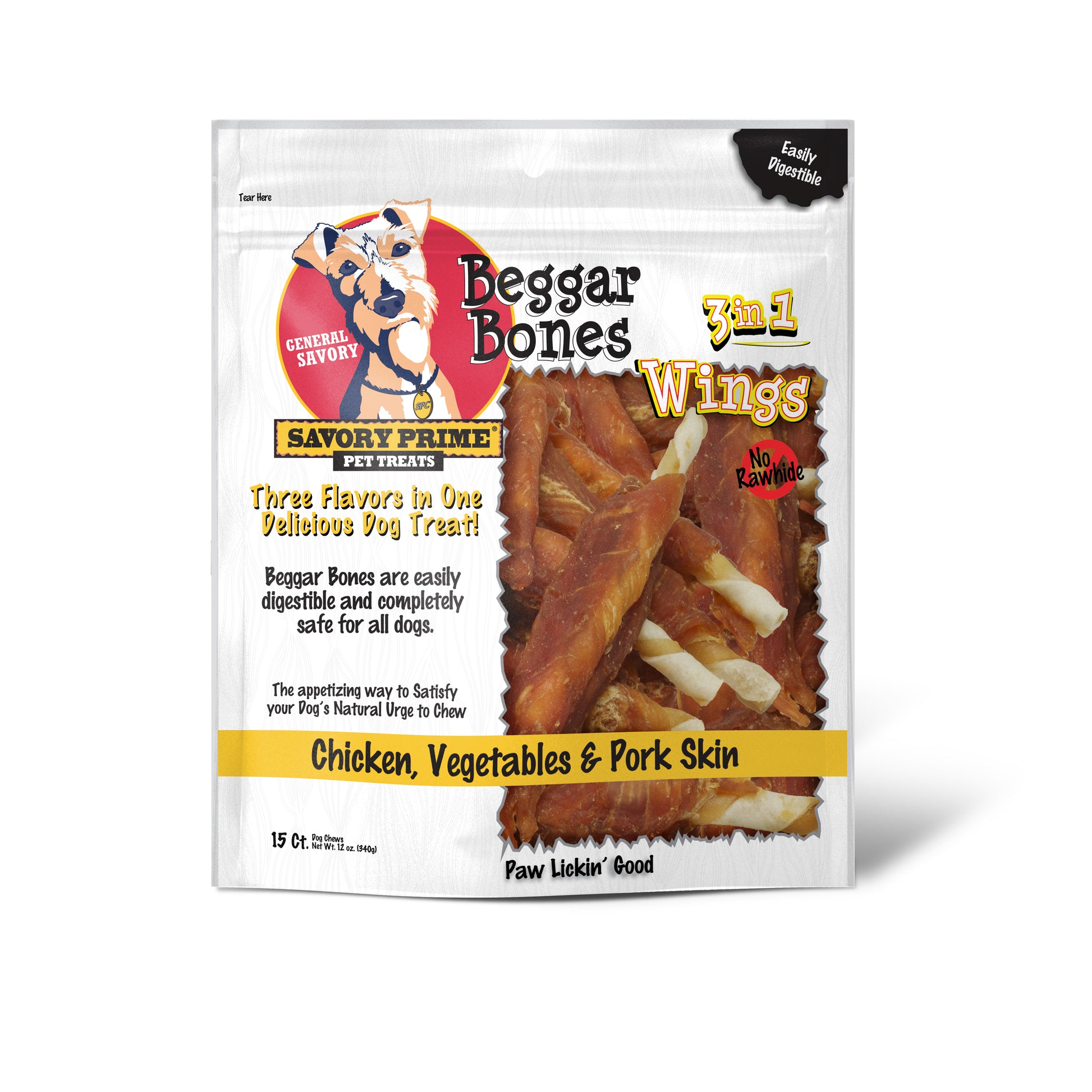 Savory Prime Beggar Bone 3in1 Wings Dog Treat Chicken, Vegetable & Pork 15 ct 810359004488