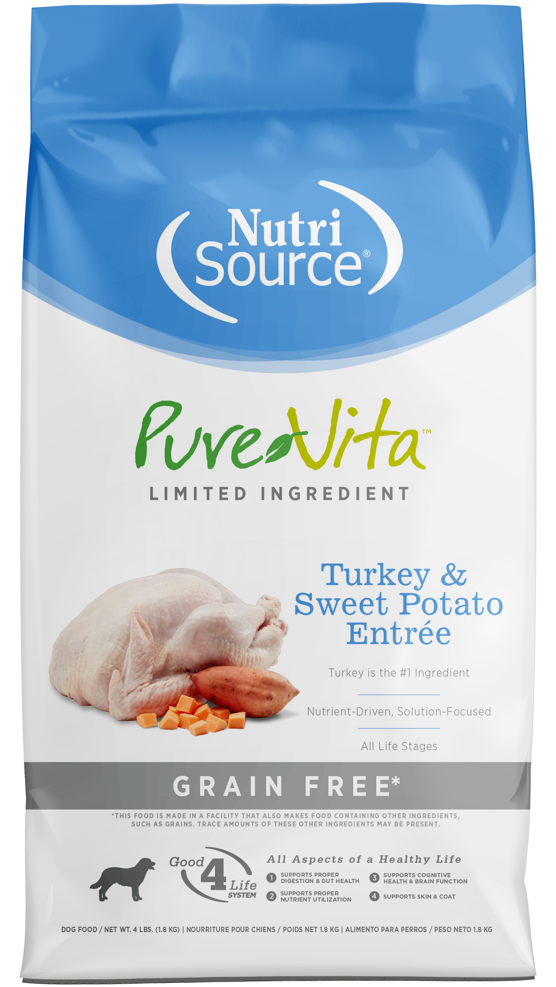 NutriSource PureVita LID Grain Free Dry Dog Food Turkey & Sweet Potato Entrée 4 lb 073893175049