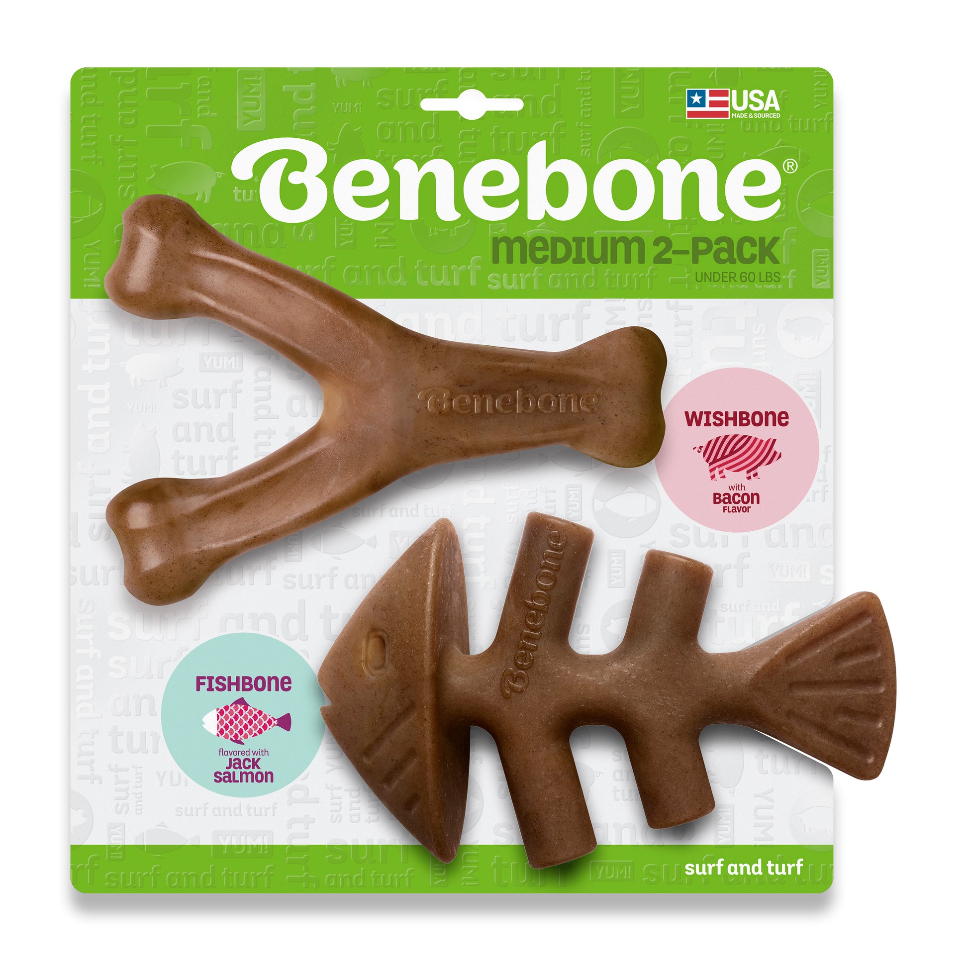 Benebone Fishbone & Wishbone Dog Chew Toy Bacon Medium|2 pk 810054210313