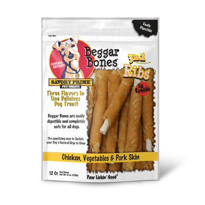 Savory Prime Beggar Bone 3in1 Ribs Dog Treat Chicken, Vegetable & Pork 12 ct 810359004624