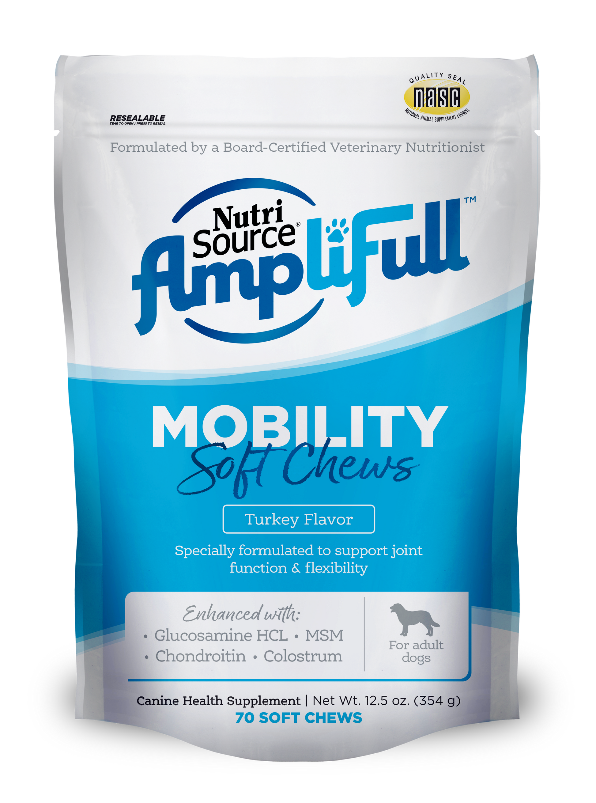 NutriSource AmpliFull Mobility Soft Chews Dogs Supplement Turkey 70 ct 073893860006
