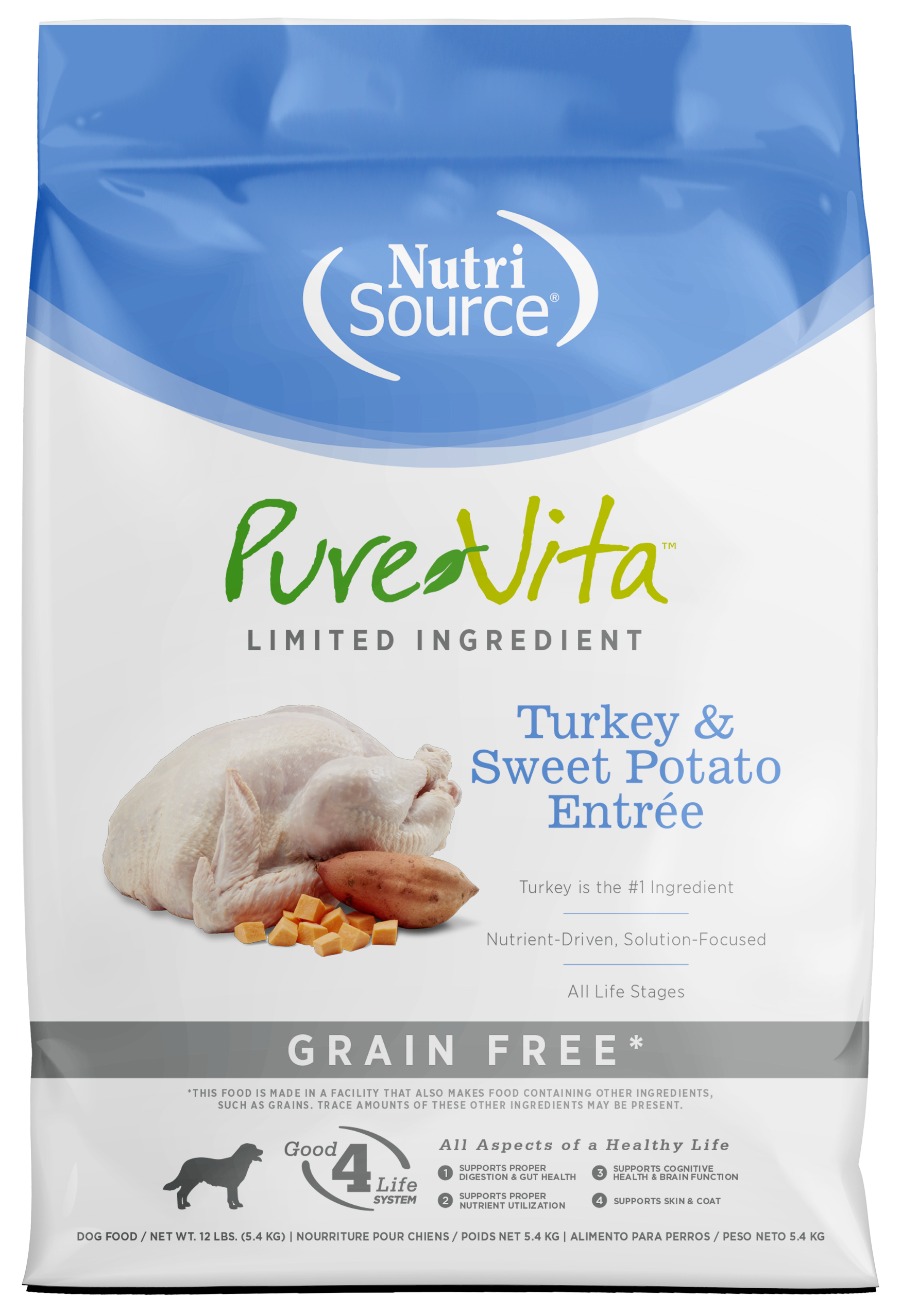 NutriSource PureVita LID Grain Free Dry Dog Food Turkey & Sweet Potato Entrée 12 lb 073893175032