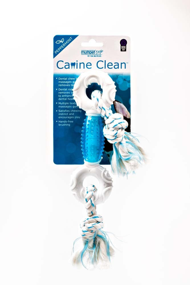 Multipet Canine Clean Peppermint Dumbbell With TPR Core & Rope Ends Dog Toy Blue, White 11 in