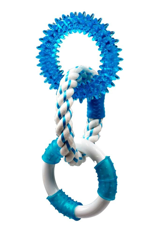 Multipet Canine Clean Peppermint With 3 Rings - 2 TPR And 1 Rope Dog Toy Blue, White 11 in