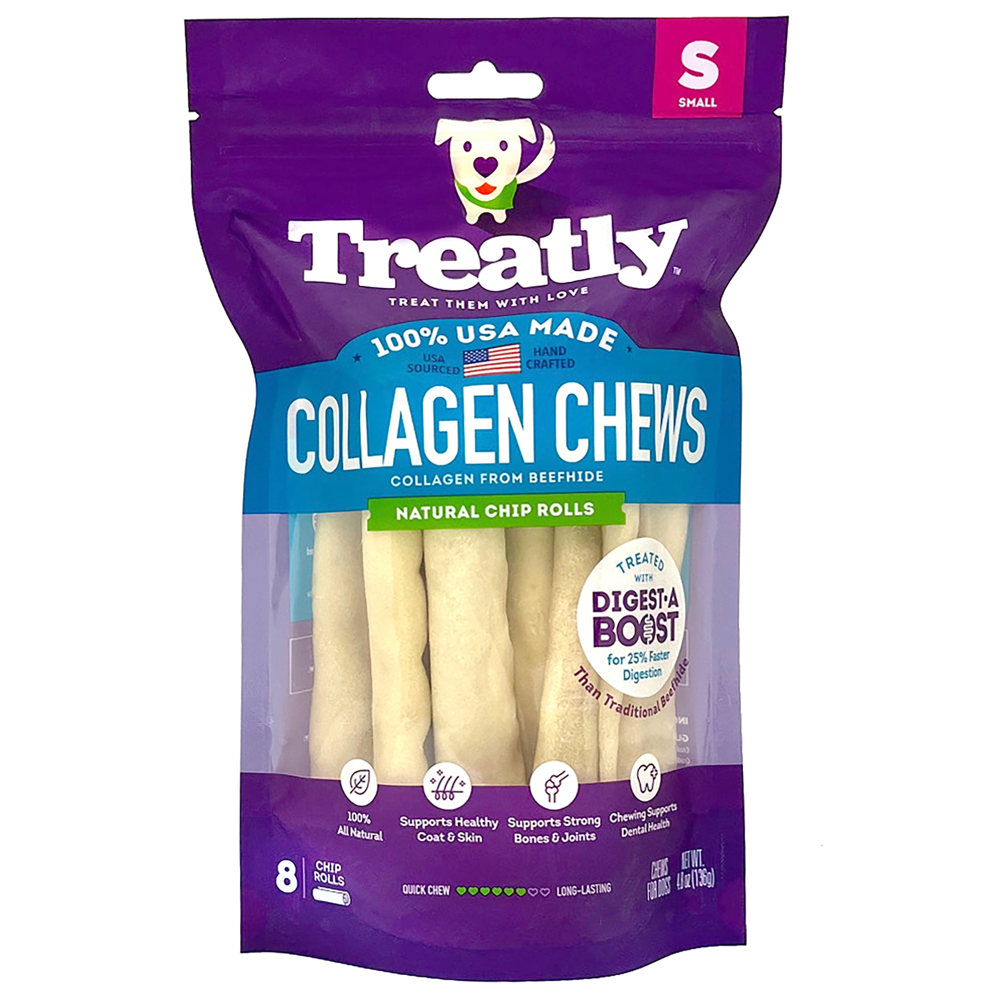 Treatly Collagen Chew Rolls Dog Treats Natural Small, 8 pk 094983001147