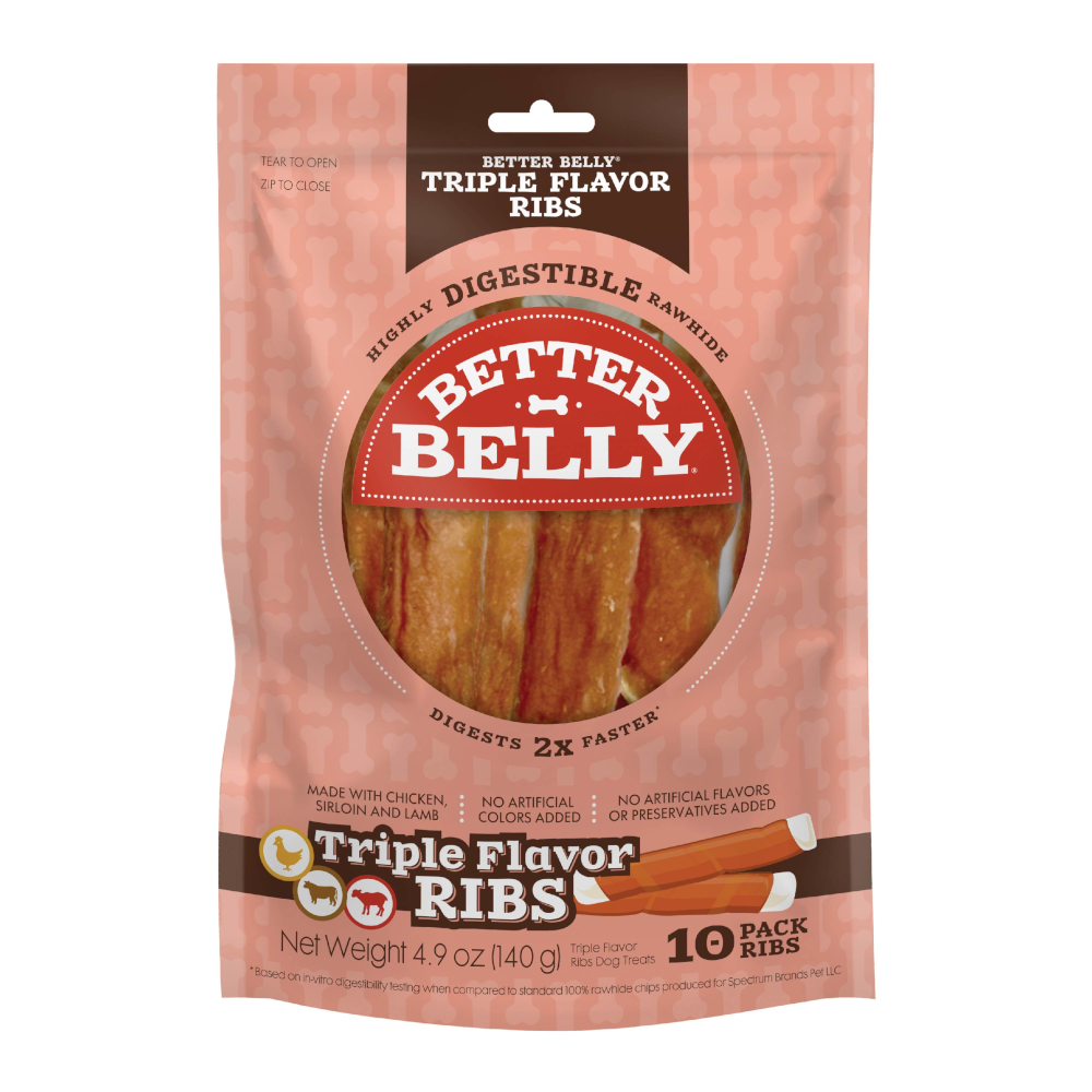 Better Belly Rawhide Triple Flavor Ribs Dog Treat Chicken, Sirloin, & Lamb 10 pk 615650000265