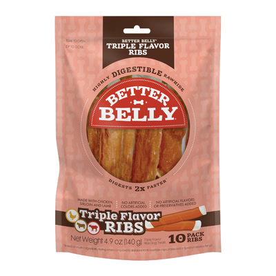 Better Belly Rawhide Triple Flavor Ribs Dog Treat Chicken, Sirloin, & Lamb 10 pk 615650000265