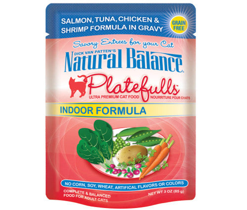 Natural Balance Pet Foods Platefulls Indoor Wet Cat Food Salmon Tuna Chicken & Shrimp in Gravy 3oz 24pk