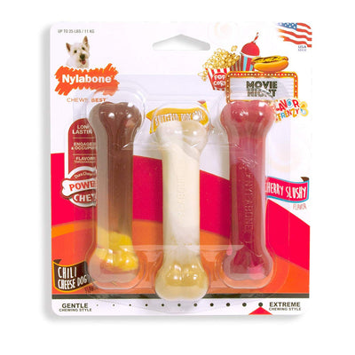 Nylabone Flavor Frenzy Power Chew Triple Pack Chili Cheese Dog, Popcorn & Cherry Small/Regular (3 Count)