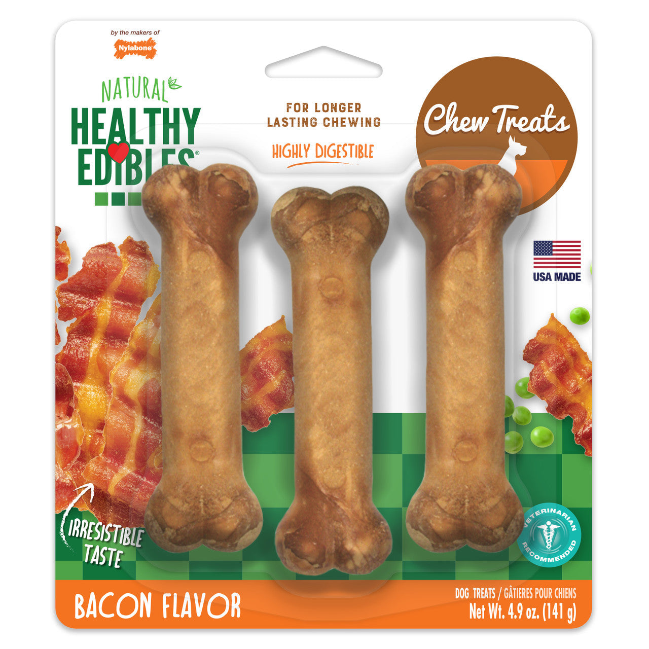 Nylabone Healthy Edibles All-Natural Long Lasting Bacon Flavor Chew Treats 3 Count Small/Regular