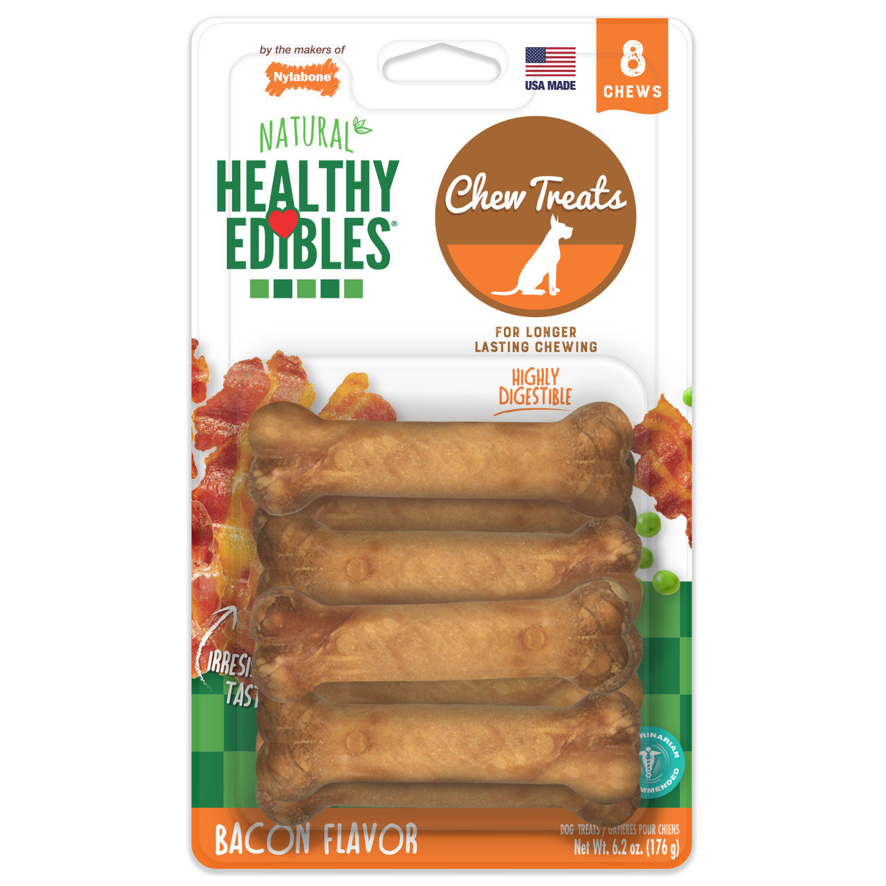 Nylabone Healthy Edibles All-Natural Long Lasting Bacon Flavor Chew Treats 8 Count X-Small/Petite