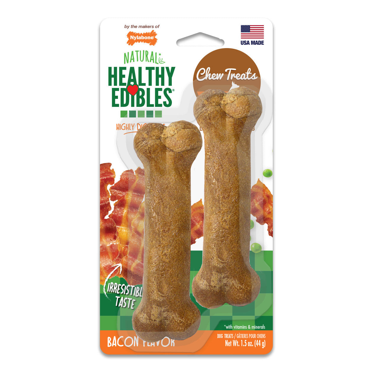 Nylabone Healthy Edibles All-Natural Long Lasting Bacon Flavor Chew Treats 2 count Petite - Up to 15 lbs.