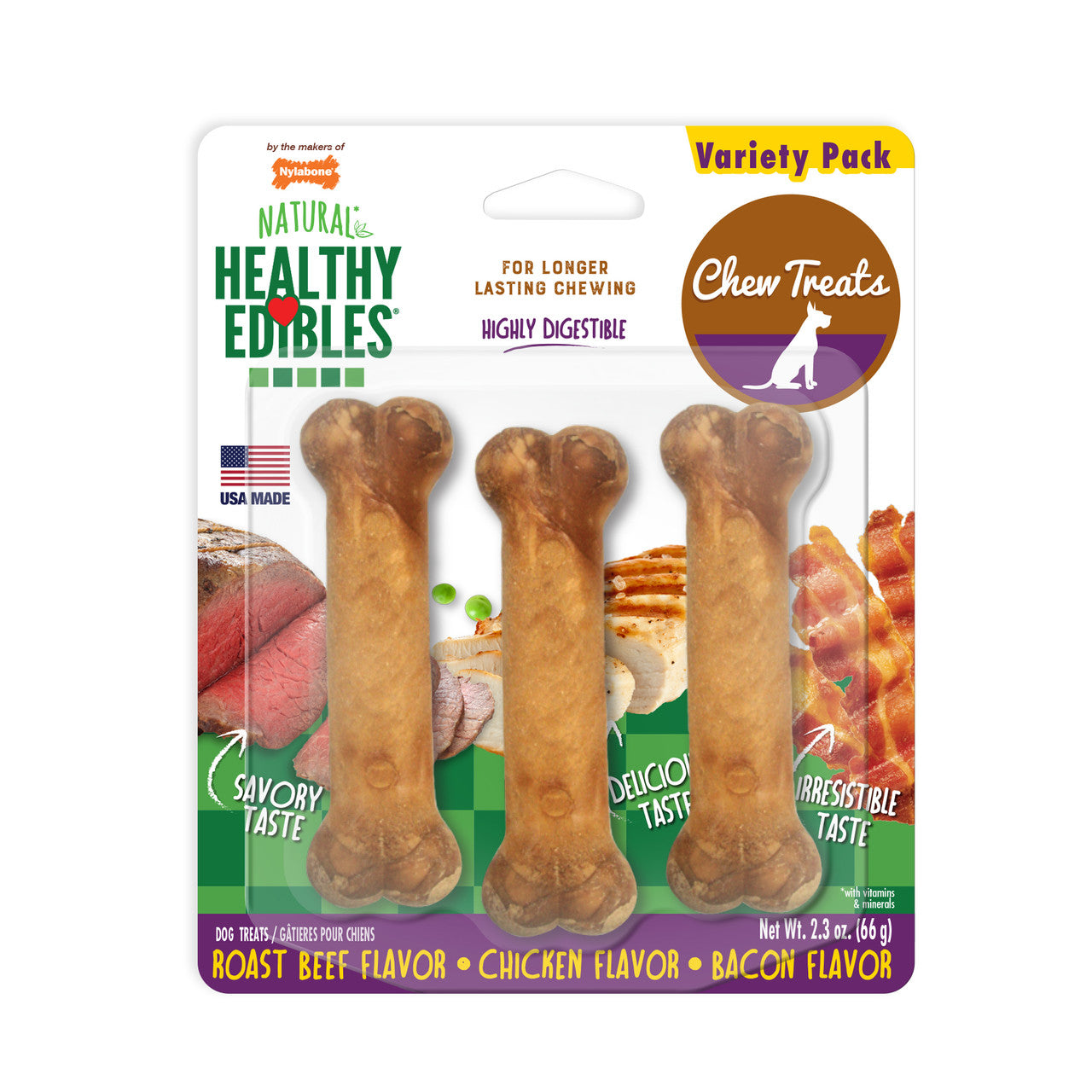 Nylabone Healthy Edibles All-Natural Long Lasting Chew Treats Variety Pack 3 count Petite - Up to 15 lbs.