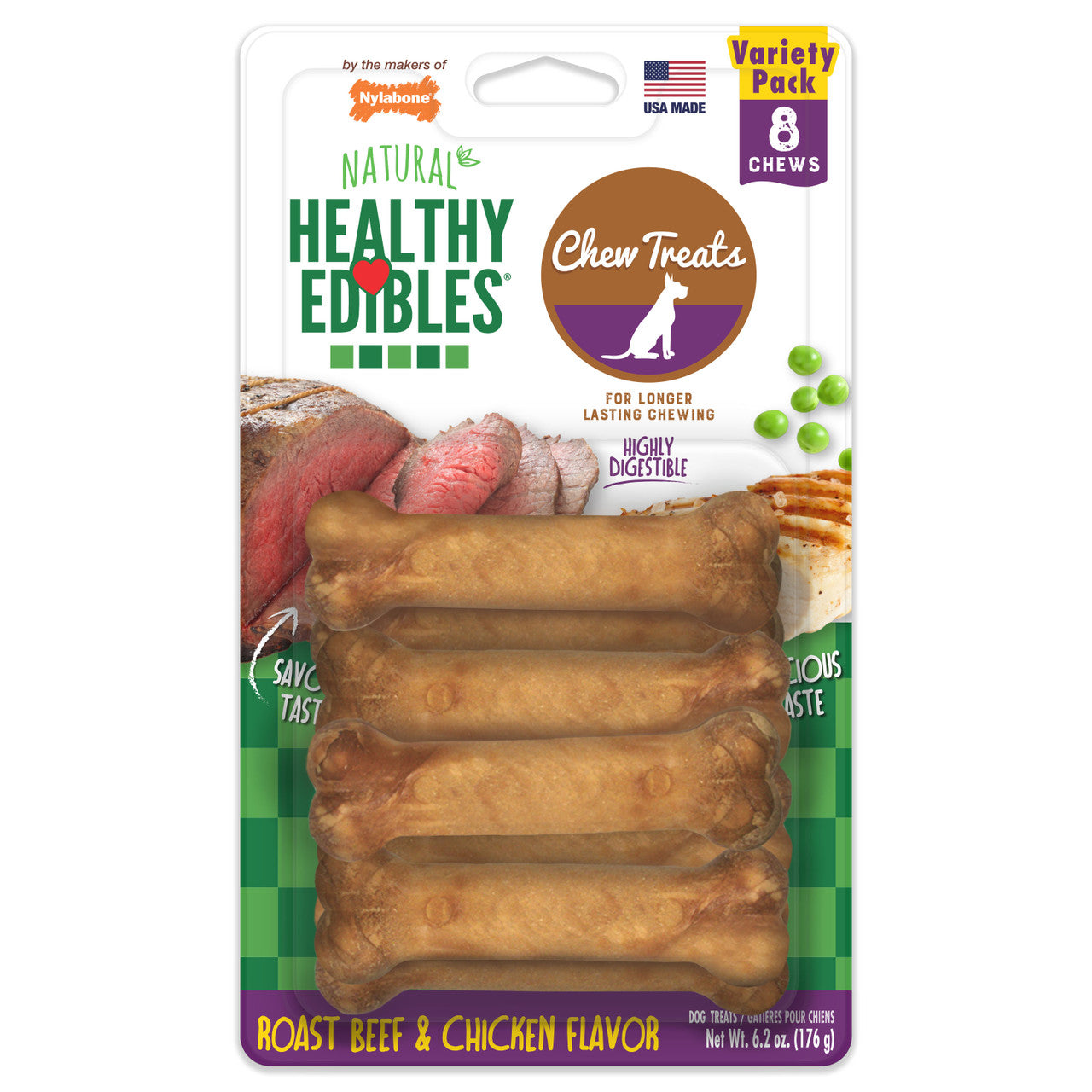 Nylabone Healthy Edibles All-Natural Long Lasting Roast Beef and Chicken Flavor Chew Treats 8 Count Roast Beef & Chicken X-Small/Petite
