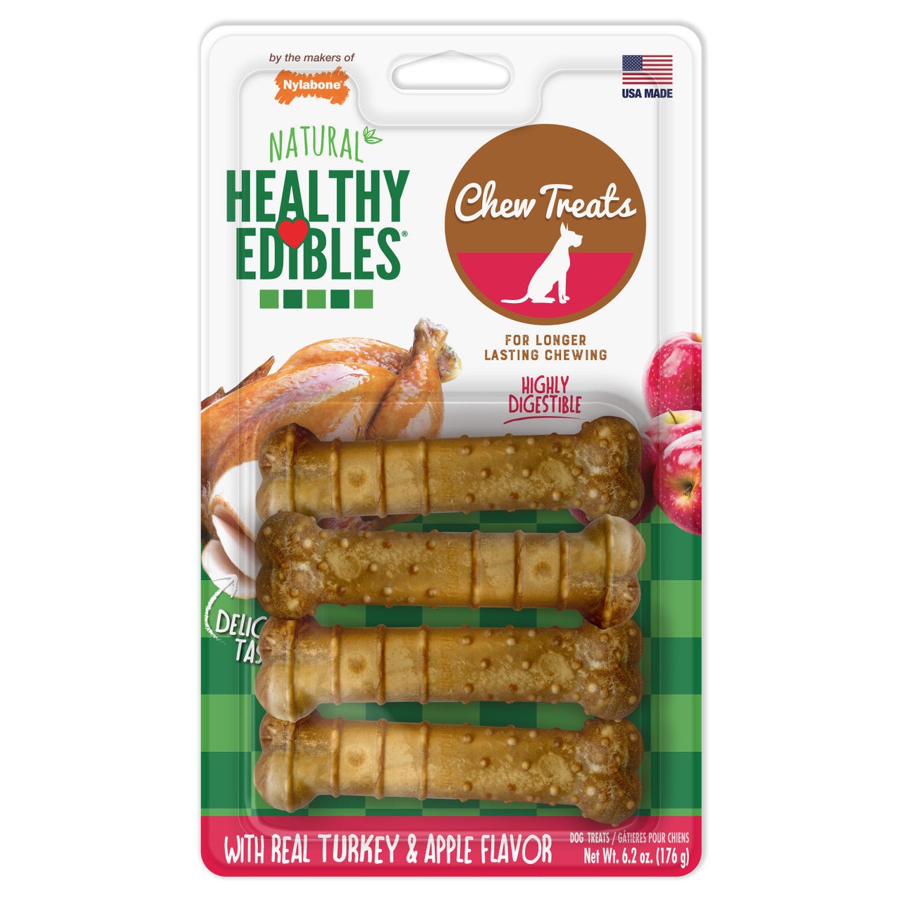 Nylabone Healthy Edibles All-Natural Long Lasting Turkey & Apple Dog Chew Treats 4 Count Small/Regular