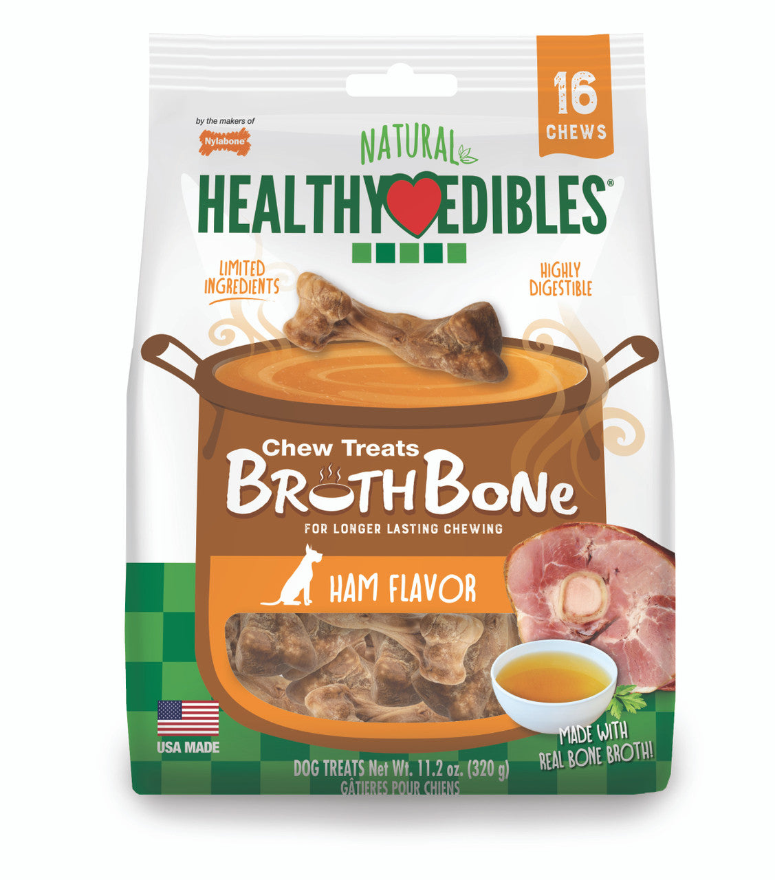 Nylabone Healthy Edibles Broth Bone All Natural Dog Treats Made With Real Bone Broth 16 count Regular - Up to 25 Ibs.