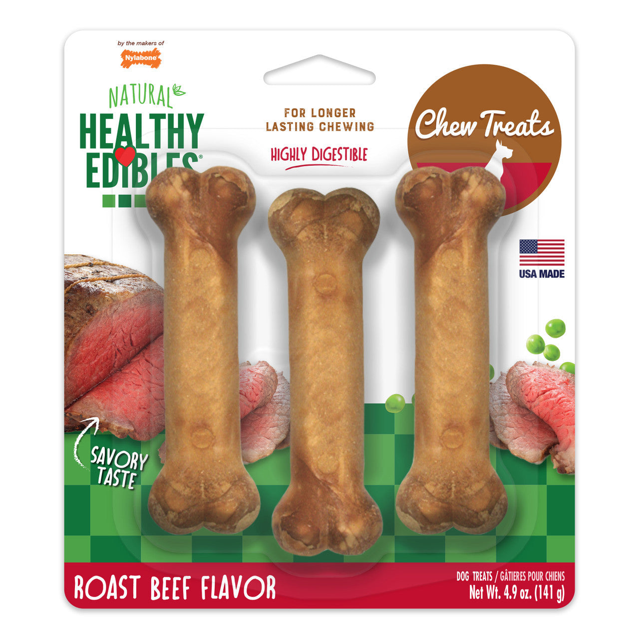 Nylabone Healthy Edibles Roast Beef Flavor Chew Treats for Dog 3 Count Small/Regular