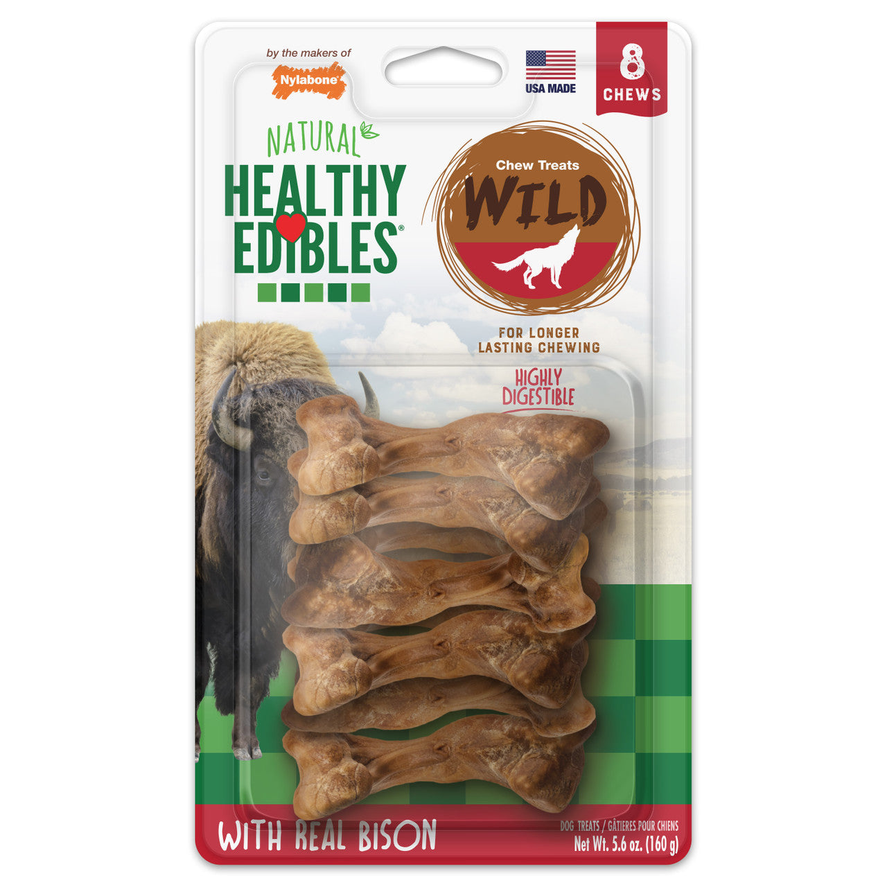 Nylabone Healthy Edibles WILD Natural Long Lasting Bison Flavor Dog Chew Treats Wild Bone Small (Pack of 8)