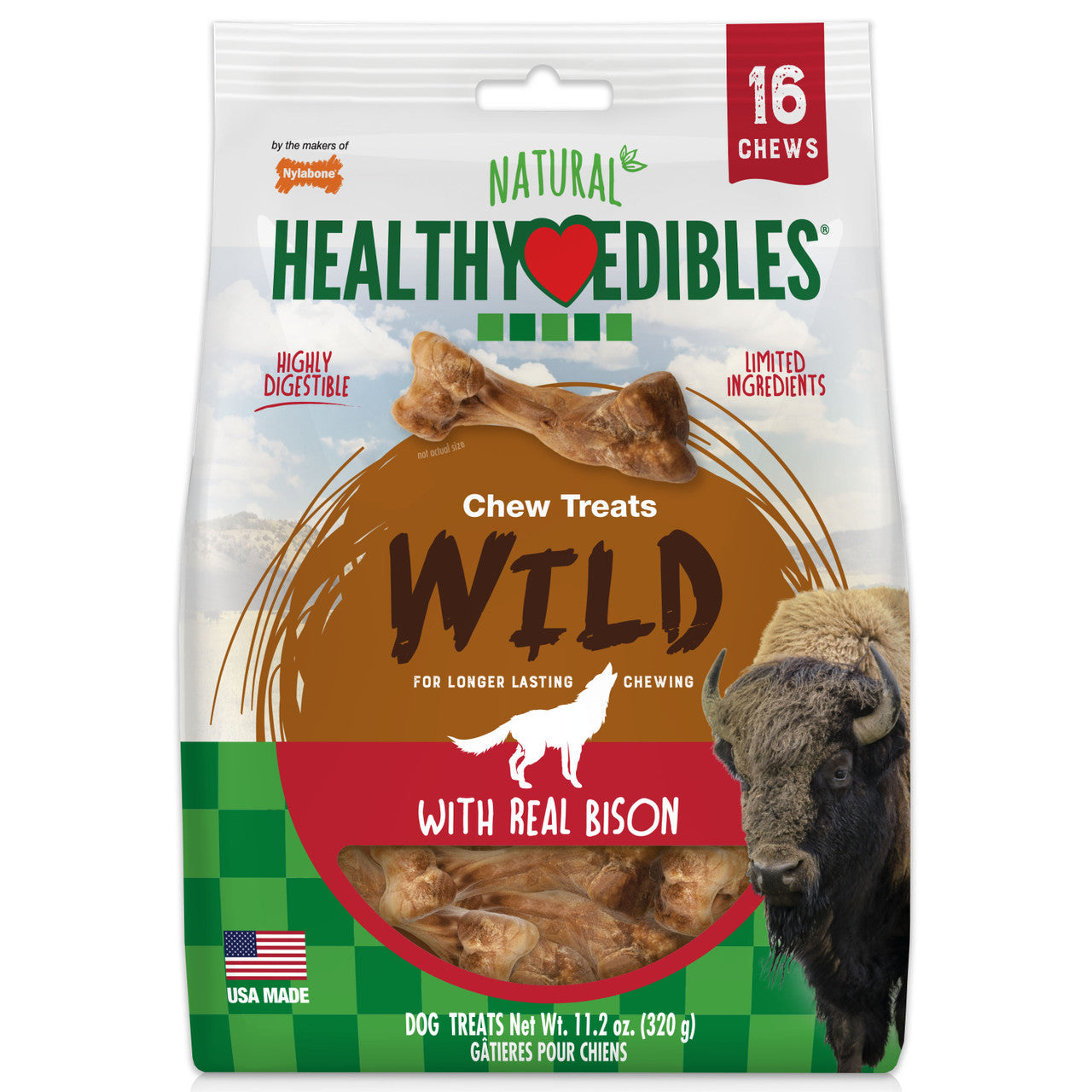 Nylabone Healthy Edibles WILD Natural Long Lasting Bison Flavor Dog Chew Treats Wild Bone Small (Pack of 16)