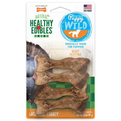 Nylabone Healthy Edibles WILD Puppy Natural Long Lasting Turkey Dog Chew Treats Bone Small (Pack of 4)