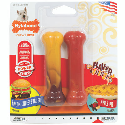 Nylabone Power Chew Flavor Frenzy Durable Dog Chew Toys Twin Pack Bacon Cheeseburger & Apple Pie Small/Regular (2 Count)