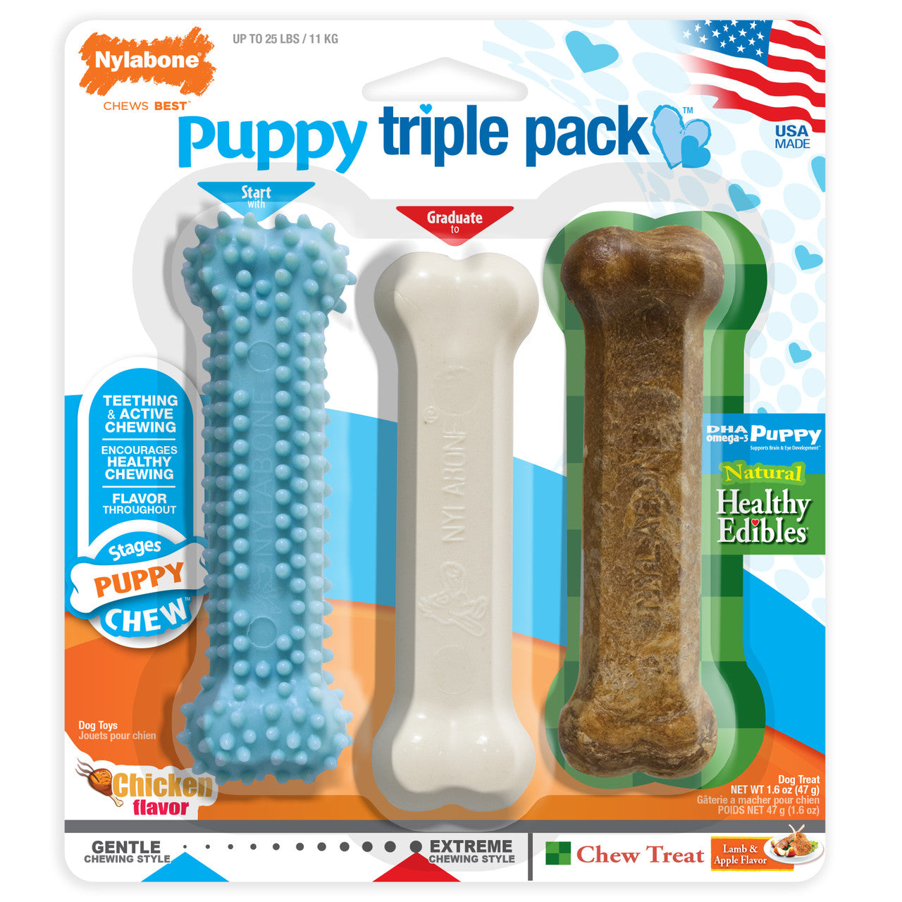 Nylabone Puppy Chew Variety Toy & Treat Triple Pack 3 count Small/Regular - Up to 25 Ibs.