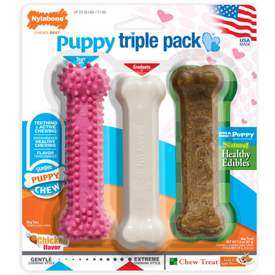 Nylabone Puppy Chew Variety Toy & Treat Triple Pack Chicken & Lamb Starter Kit Small/Regular - Up to 25 Ibs.