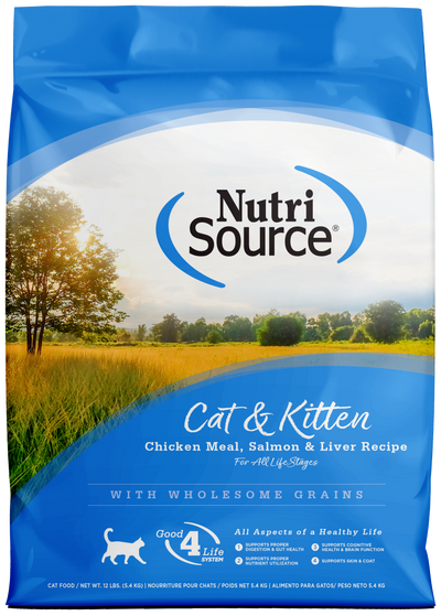 NutriSource Cat & Kitten All Life Stages Dry Cat Food Chicken Meal, Salmon & Liver 12 lb 073893280095