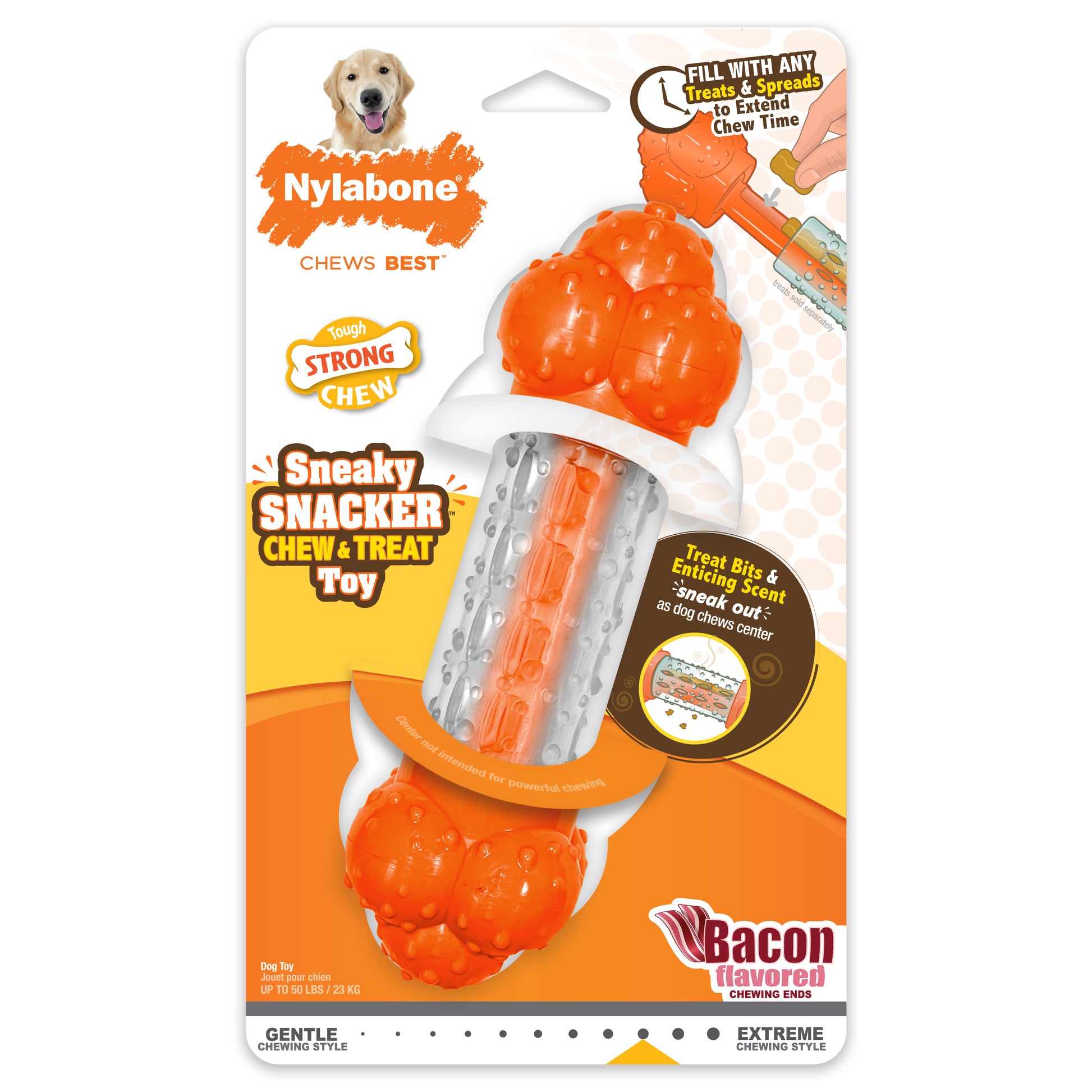 Nylabone Sneaky Snacker Dog Treat Toy Bacon Orange Large/Giant - Up To 50 Lbs. (1 ct) 018214853497