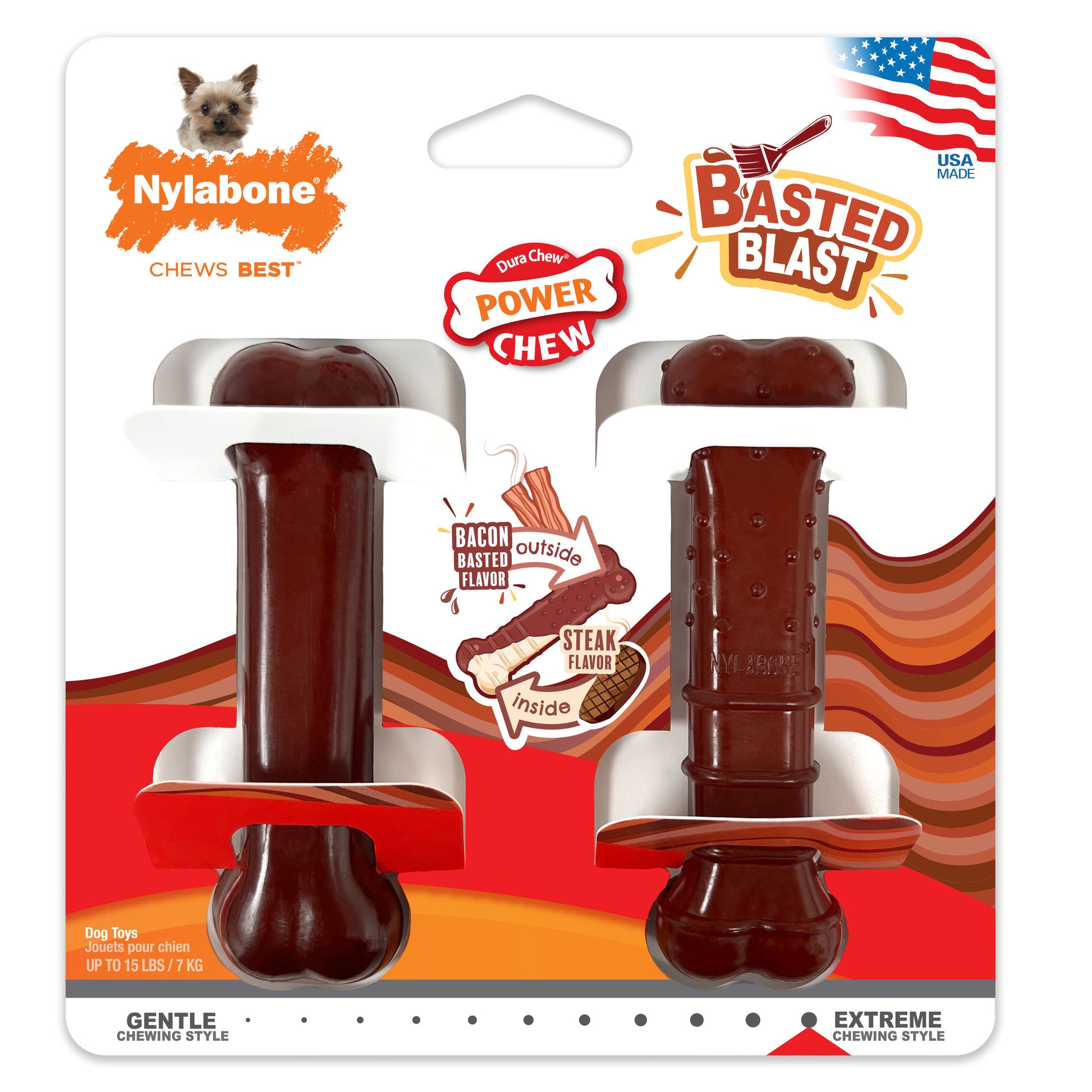 Nylabone Power Chew Basted Blast Original & Textured Bone Dog Chew Toys Bacon & Steak X-Small (2 ct) 018214854104