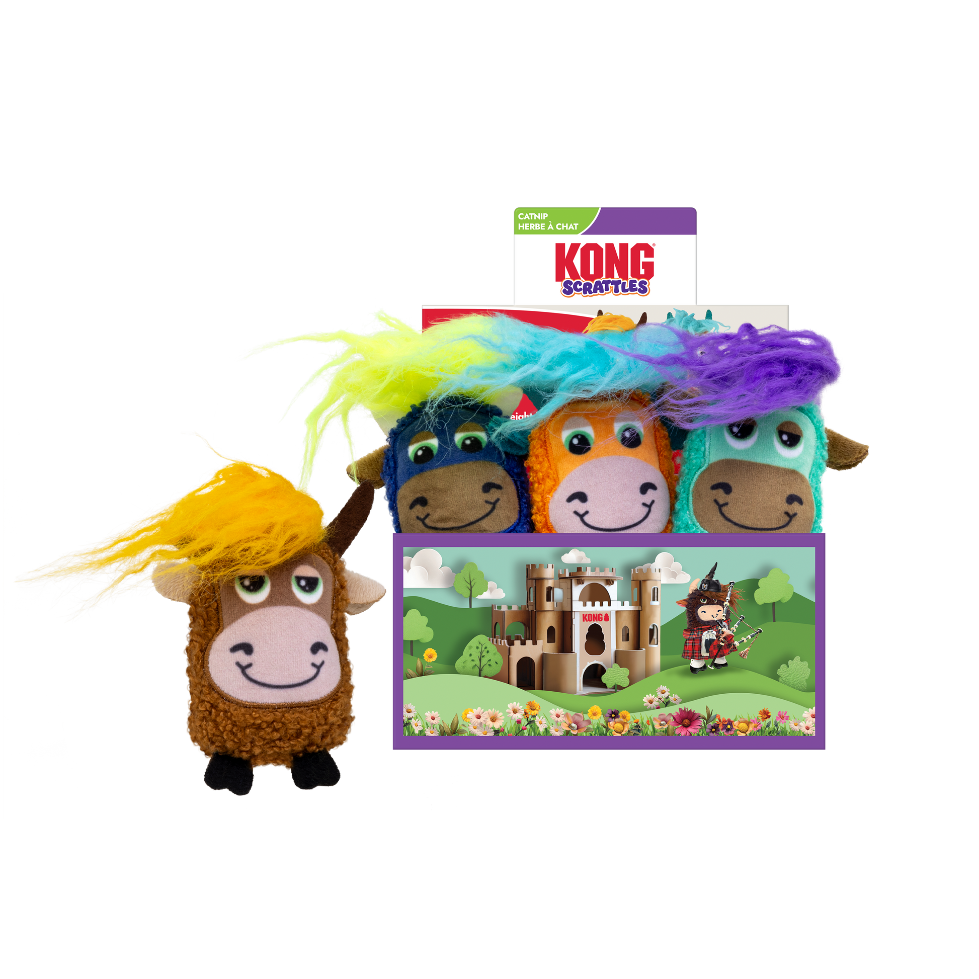 KONG Scrattles Highland Cow Dog Toy Display Assorted Color 12Pc 035585534053
