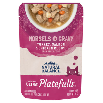 Natural Balance Pet Foods Original Ultra Platefulls Morsels in Gravy Wet Cat Food Pouch Turkey, Salmon & Chicken - 24pk/3 oz